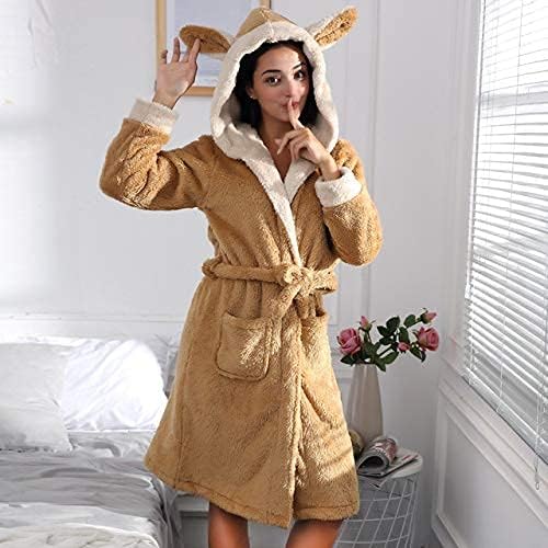 冬のバスローブの女性かわいいウサギの耳フード付きコーラルフリースローブ女性の厚く暖かいベルベットのドレッシングガウン 蔵