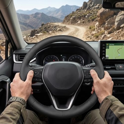 Echtes Leder Lenkradbezug, EIN 38cm Ultra-Dünnes Anti-Rutsch D-Typ Lenkradbezugs Leder, Lenkradhüllen Vier Jahreszeiten Universell, Langlebig Auto Lenkradbezug(Schwarz)