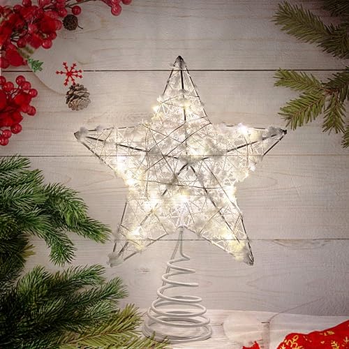 Metal Glittered Christmas Tree Topper, Hallow Wire Star Topper for Christmas Tree, Ornament Lighted Tree Star, Glitter Xmas Topper with 20 White LED Lights (White)