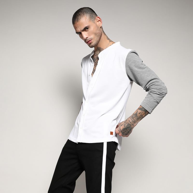 Image of Campus Sutra Men's White & Grey Colourblocked Button Up Regular Fit Regular Fit Shirt for Casual Wear | Cotton Shirt Crafted with Regular Sleeve, Comfort Fit & High-Performance for Everyday Wear