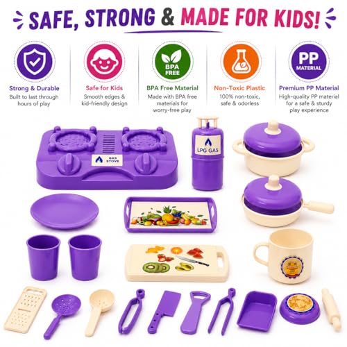 Image of Aditi Toys Kitchen Fresh Cook Set Bag for Kids, Pretend Play Cooking Toy with Mini Utensils & Gas Stove, Cylinder, Frying pan, Serving Tray, Kitchen Role Play Toy Set for Kids Age 3+ (Purple)