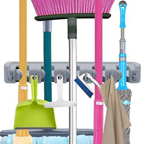 ANTEER Colgador y Organizador de Pared con 5 Posiciones 6 Ganchos para Fregona Escoba Cepillo, Colgador de Herramientas Ideal para Cocina, Garaje, Lavadero (Gris)