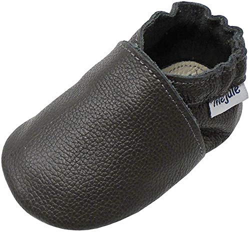 Mejale Chaussons Enfant Bébé en Cuir Doux-Chaussons Cuir Souple-Chaussures Premiers Pas,Gris Foncé,2-3 ans/ 15.7 cm