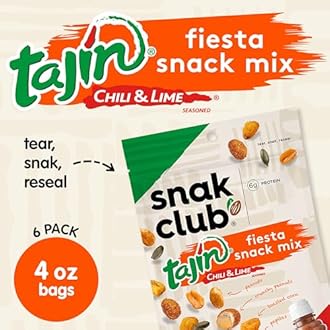 Snak Club Tajin Fiesta Snack Mix, Peanuts, Crunchy Peanuts, Toasted Corn, and Pepitas with Chili and Lime Seasoning, Mild, No Artificial Colors or Flavors, 4 oz Resealable Bags, 6 Pack
