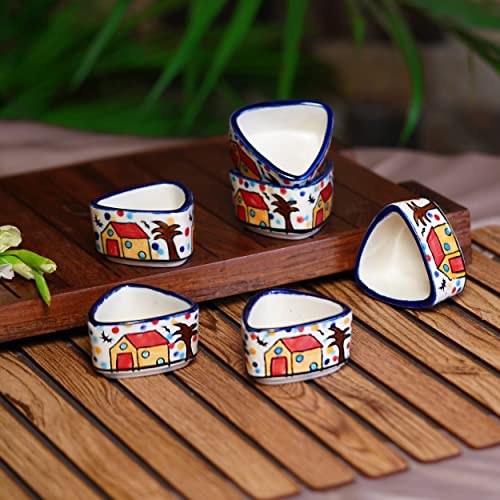 Image of Freakway Handpainted 6 Dips of Hut Ceramic Dip Bowl /Chutney Bowl /Pickle Bowl /Sauce Serving Bowl Set (50 ML, Small, 6-Pieces, Multicolour, Cartoon Shape Triangle)