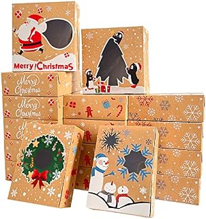 DIYDEC 24pcs Christmas Cookies Boxes, Christmas Kraft Cupcake Biscuit Bakery Boxes with Window Xmas DIY Gift Cake Boxes for Gifts Christmas Party Treat Boxes