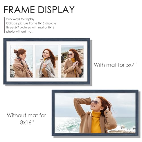 Image of DUENPY 8x16 Collage Picture Frame 5x7 Collage Picture Frame Displays Three 5x7 inch Photos or 8x16 (Without Mat) for Available Horizontal Wall Mounting Display and Vertical Navy Blue