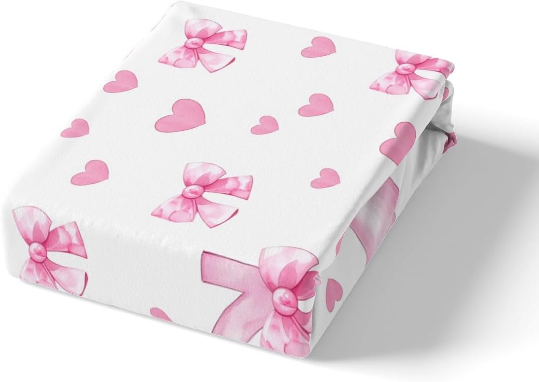 Girly Personalized Initial C Full Size Fitted Sheet No Top Sheet,Princess Style Bowknot Love Hearts 3 Pieces Kids Teenager Room Decor Pink Bow Pocket 2 Pillowcases