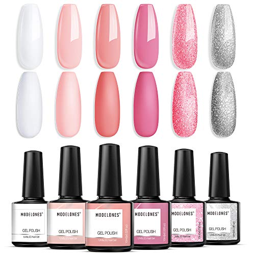 Modelones Pink Gel Nail Polish Set 6 Colors Collection Nail Art Soak Off LED Nail Varnish Manicure Kit Christmas Gifts New Year Holiday Salon DIY at Home