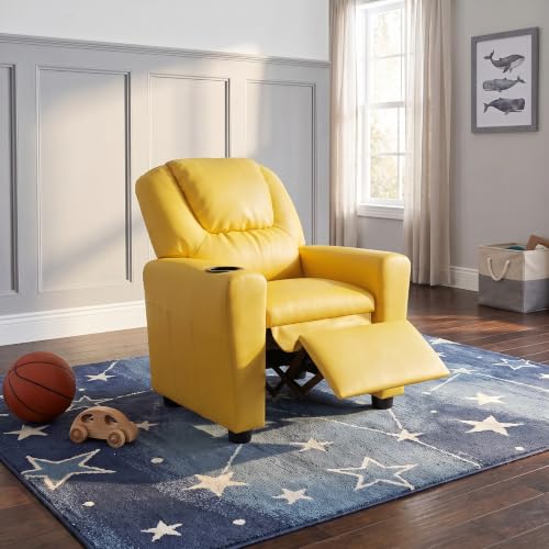 Image of 23 inch W PU Leather Recliner Chair with Cup Holder and Recline, Yellow | Mini Recliner Chair Comfort with Adjustable Footrest & Backrest, Youth Boys Girls Recliner for Reading, Gaming, TV, Lounging