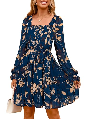 Simplee Womens Boho Long Sleeve Mini Dress Floral Square Neck Smocked A-Line Flowy Short Fall Wedding Guest Dresses