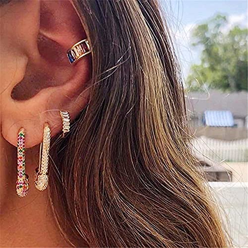 CZ Safety Pin Cartilage Huggie Hoop Earrings for Women Girls Dainty Cubic Zirconia Dangle Drop Hypoallergenic Stud Post Pave Crystal Fashion Hoops Jewelry Gold Plated3