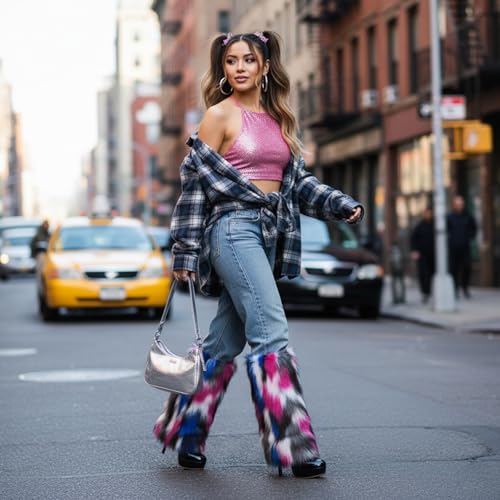 Image of Tie Dye Women Furry Leg Warmers Faux Fur Boot Covers Fluffies Cuffs, 15.7 inch Tall