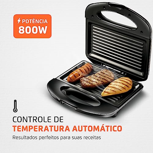 MONDIAL Grill e Sanduicheira Premium, Preto/Inox, 800W, 110V - S-07 glide