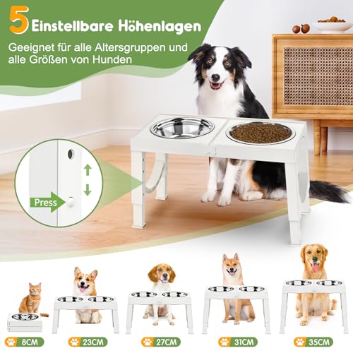 X XBEN Erhöhter Hundenapf, 5 Höhenverstellbar Futternapf für Kleine Mittlere Große Hunde, Futterstation 2 Große Eingedickte Edelstahlschalen, Rutschfester Hundenapf, BPA frei Plastik, Weiß