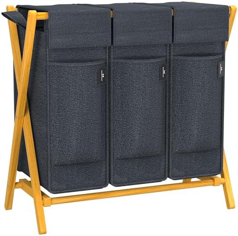 Bambus Wäschekorb 3-fach 170L - Mit Deckel & Tragegriffen