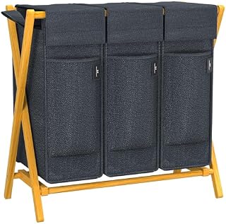 AdelDream Laundry Hamper 3 Compartments Bamboo Laundry Hamper Laundry Sorting System X-Shaped Laundry Baskets Laundry Sorter 150L Gray