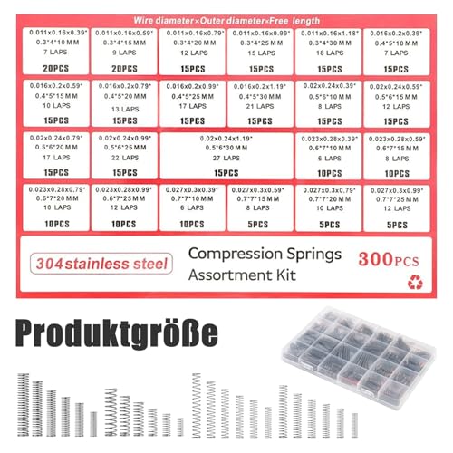 300-teilig Edelstahl Druckfedern Set, 304 rostfrei, Verschiedene Größen (0.4-1.0mm Drahtstärke, 3-8mm Außendurchmesser), Für Modellbau, Reparaturen, Werkstatt