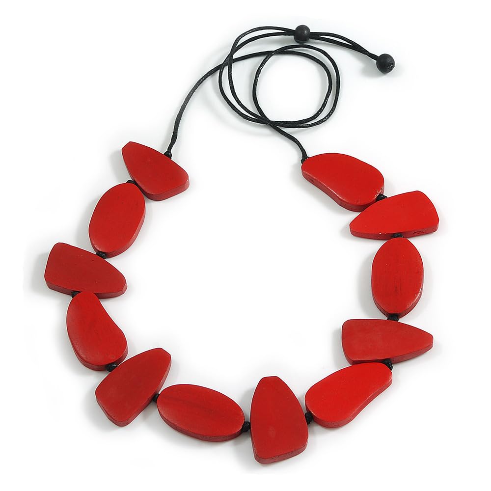 Avalaya Avalaya Collar largo ajustable geométrico con cuentas de madera roja, cordón de algodón negro, longitud máxima de 100 cm, talla única, Madera Cordones Madera