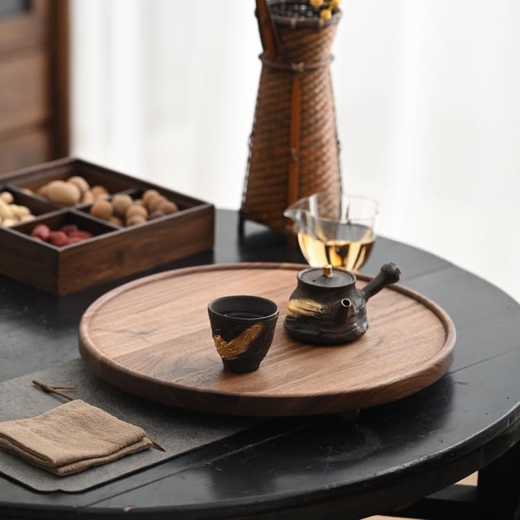 Bandeja de Madera Maciza para Servir con Tres Patas, Redonda de Nogal Negro, para Servir té, cafeterías y restaurantes, diseño Simple y Elegante para Uso en la Cocina.