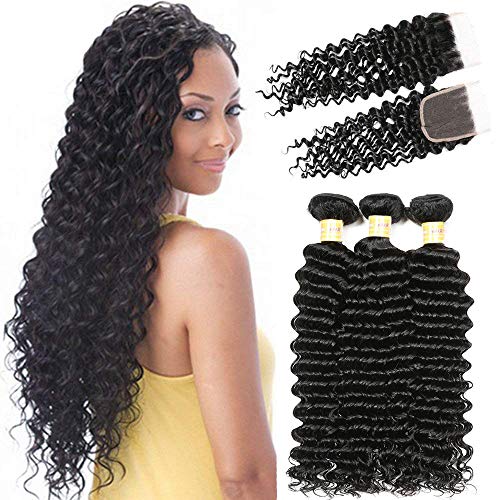 Brazilian Deep Wave 3 Bundles With Lace Closure 8a 100% Unprocessed Virgin Human Hair Bundles With Closure Natural Color(12 14 16+10)