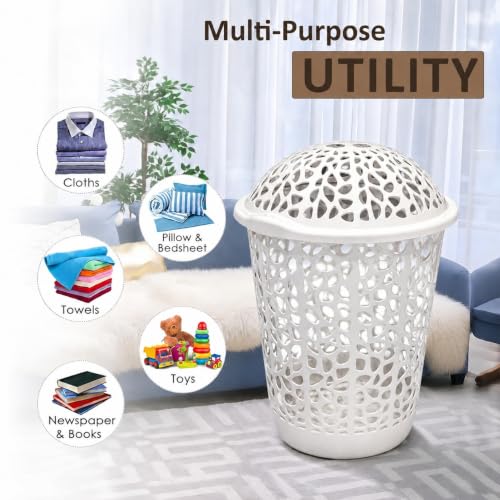 Image of KITCHIVO Plastic Large 55 Ltr Laundry Basket with Lid & Handle | Multipurpose Hamper Bins Storing Washable Clothes, Blankets | Household Ideal for Home & Bathroom (Round White)