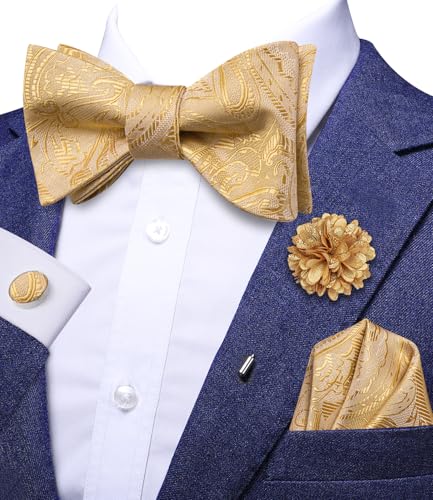Image of Dubulle Self Tie Bow Ties and Lapel Pin for Men Paisley Solid Mens Bowtie and Handkerchief Cufflinks Set Wedding