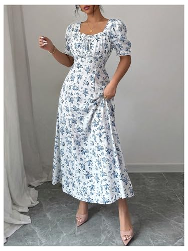 Verdusa Women's Boho Floral Flowy Maxi Dress Ruched Bow Puff Sleeve Flared Summer Wedding Guest Dresses3