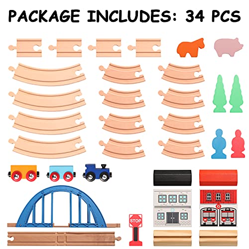Sainsmart Jr. Wooden Train Set 34Pcs Figure 8 For Toddlers Kids With Train Tracks Bridge Fits Brio, Thomas, Melissa And Doug, Chuggington Wood Toy Train For 3 4 5 Years Old Boys And Girls #TOP2