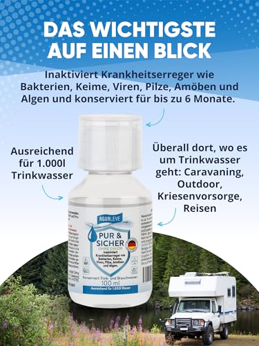 AGUALEVE PUR & SICHER **ohne** Chlor Wasseraufbereiter Trinkwasser – Inaktiviert Keime, Bakterien, etc. | Notvorrat, Notfall, Wohnmobil, Wohnwagen, Camping, Outdoor, Survival, Reisen – Bild 3
