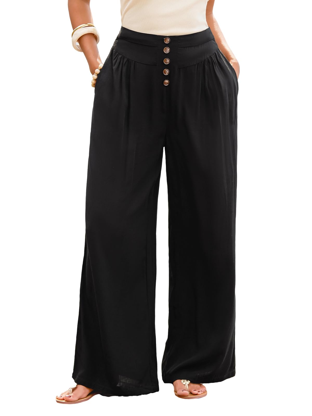 CUPSHE Pantalon d'été léger et large pour femme, taille haute, avec boutonnière décorative, plissé, élégant, long, avec poches, plage, vacances