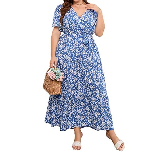 KOJOOIN Women Plus Size V Neck Wrap Maxi Dress Short Sleeves High Waist Ruffle Summer Casual Dress with Belt, XX-Large, Short Sleeve Flower Blue White