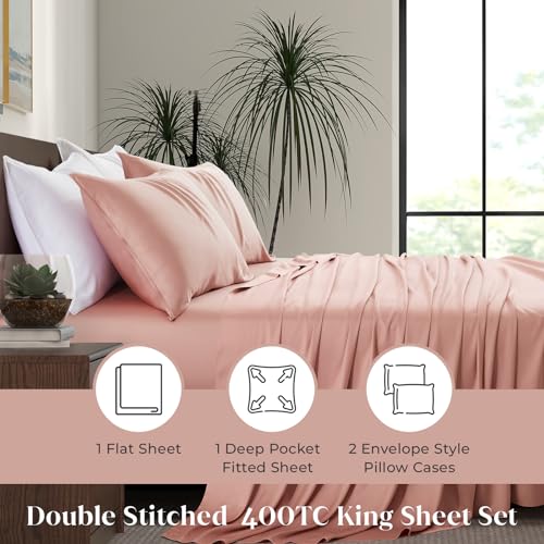 Image of Luxury Bamboo Market | King Size Bed Sheet Set | 100% Viscose Made from Bamboo | Organically Grown | Ultra Soft | Cooling Sheets for Hot Sleepers | 17 inch Deep Pocket [Rose Quartz]