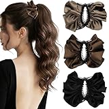 3 Pack Matte Satin Ruffled Hair Claw Clips, Pleated Scrunchie Ponytail Holder for Women, Non-Slip Bun Cuff Clamp, French Style Elegant Hair Accessories (Black, Brown, Khaki)