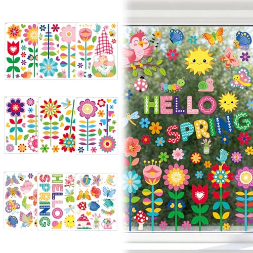 Vordpe 9 Feuilles de Décoration de Fenêtre de Printemps - Stickers Fenêtre Fleurs et Papillons Colorés - Autocollants Électrostatiques Repositionnables...