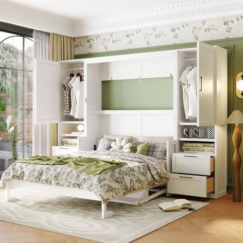 Bellemave Queen Size Murphy Bed with Closet, Wall Bed with Drawers and Shelves, Folding Cabinet Bed with Desk for Home Office, Studio, White