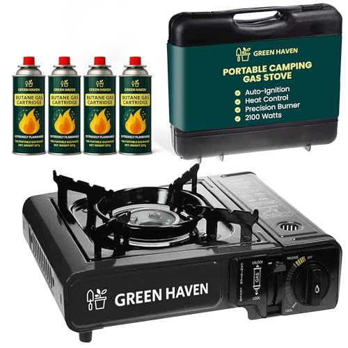 GREEN HAVEN Black Portable Camping Stove with Cary Case & 4 Butane Gas – Premium Camping Gas Stove, EN417 Compliant, Portable with Automatic Ignition & Heat Control