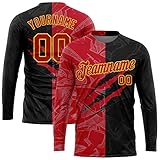 Design Your Own T-Shirt Custom Scratches Style Long Sleeve Black and Red Baseball Jerseys for Men Youth Boys Women, Design Sports Tee Shirt Team Jersey Uniform Print Name Logo Number