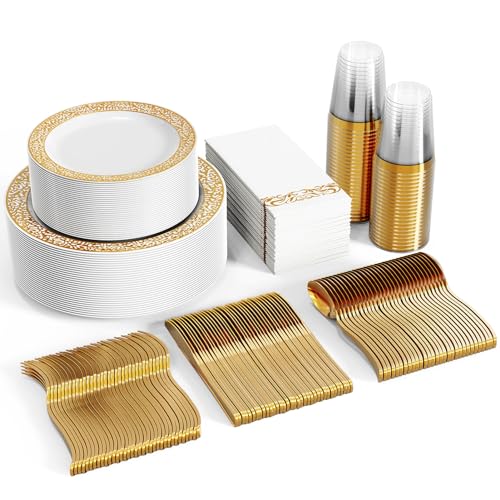 FOCUSLINE 350 Ct Gold Dinnerware Set for 50 Guests, Gold Lace Plastic Plates Disposable Heavy Duty,...