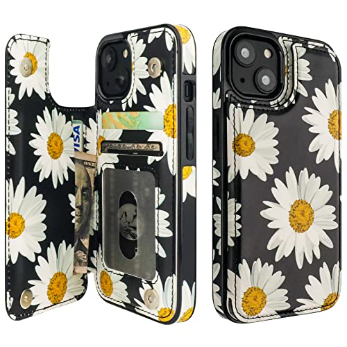 Image of HAOPINSH for iPhone 13 Case Wallet with Card Holder, Daisy Florals Pattern Back Flip Folio PU Leather Kickstand Card Slots Case for Women Girls, Double Magnetic Clasp Shockproof Cover 6.1 inch
