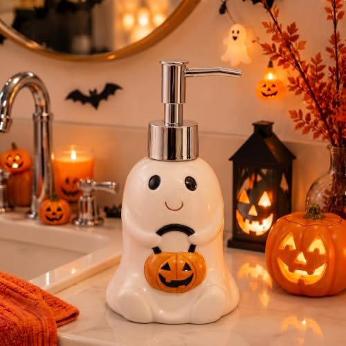 Potchen Halloween Soap Dispenser Ghost and Pumpkin Liquid Pump Ceramic Bath Accessories Bathroom Decor Holiday Collection Shaped Festive Touch for Countertop