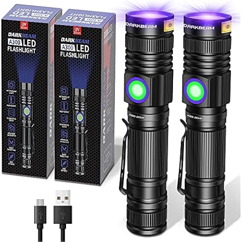 DARKBEAM UV 365nm Flashlight Blacklight Rechargeable USB Wood’s lamp Handheld Ultraviolet Black Light LED Portable, Pet Urine Detector, Resin Curing, Appraisal, Fluorescent Detection, 2 Pack Cover