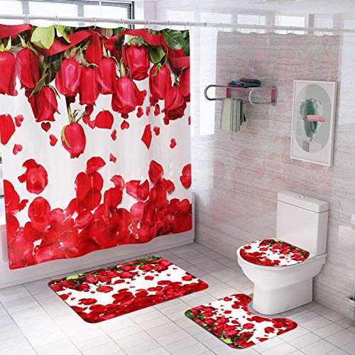 ZDDWLDL 4Pcs Duschvorhänge Set Mit Rutschfesten Teppichen,Toilettendeckel und Badematte Weiße Rote Rosenblüte…