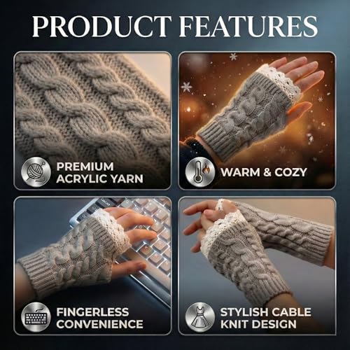 Image of Kraptick Women's Cable Knit Fingerless Gloves - Winter Arm Warmers with Elegant Lace Trim & Thumb Hole - Soft Woolen Thermal Half Finger Mittens for Typing, Driving & Office Work (Free Size, khaki)-1