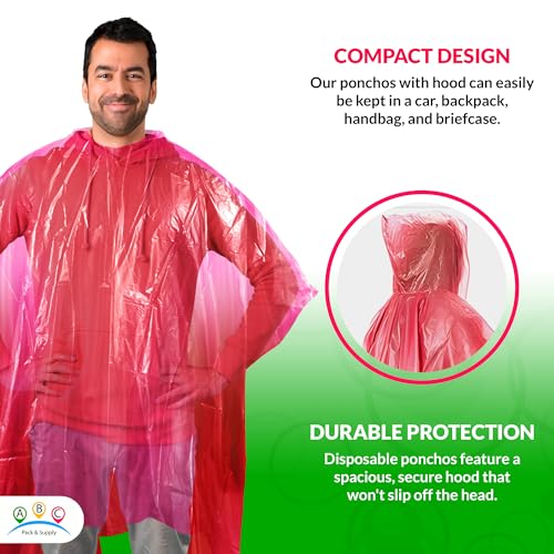 ABC Red Disposable Rain Poncho, One Size. Polyethylene Rain Ponchos for Adults with Hood. Waterproof Raincoat for Hiking, Park, Camping, Travelling. Lightweight, Compact, Portable.4