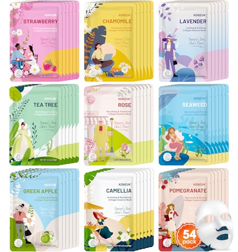 54 Pack Bulk Sheet Face Masks Skincare, Hydrating and Moisturizing Face Mask for All Skin Types, Collagen Facial Masks for Skin Care, Valentines Day Gifts, Mothers Day Gifts for Mom (9 Types x 6 Pcs)