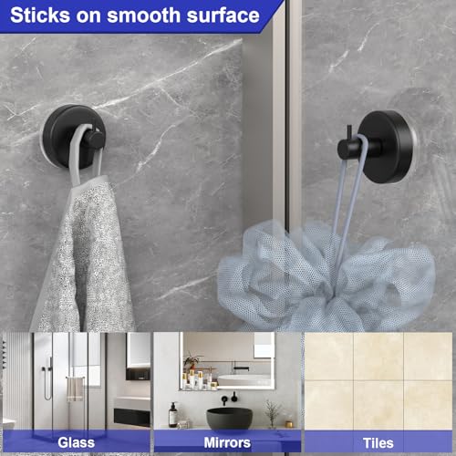 Image of HUFEEOH Suction Cup Hooks for Shower, 4 Pack Removable Towel Holder Wall Hooks for Inside Shower, No Drill Towel Hooks for Bathroom Hanger Wall Mount (Black)