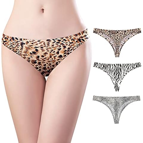 BLKDOTS Pack of 3 Women's Thong Underwear Seamless No Show Thong Comfortable G-String Panties Leopard Print T-Back Underwear, multicoloured, S Cover