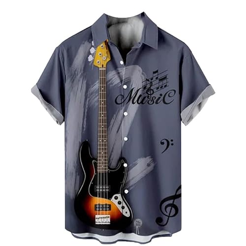 kewing - kewing Chemise décontractée pour Hommes Chemises à Manches Courtes imprimées Guitare Basse T-Shirt à la Mode avec Motif d'instrument de Musique de la série Vintage Chemisier de Plage hawaïen