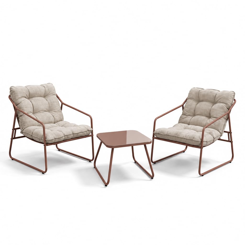 Brigros Estosa - Set Salotto da Giardino 2 Posti con 2 Poltrone e Tavolino, Arredo Esterno in Acciaio Zincato Mocha Mousse con Cuscini Beige Idrorepellenti, Set Relax Outdoor